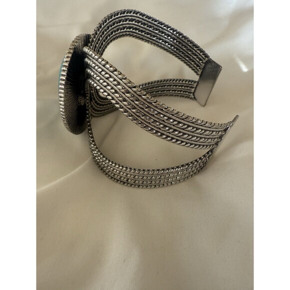 Turquoise Colored Dyed Stone WIDE Statement CUFF Bracelet Silver Tone Art Deco - Picture 3 of 7